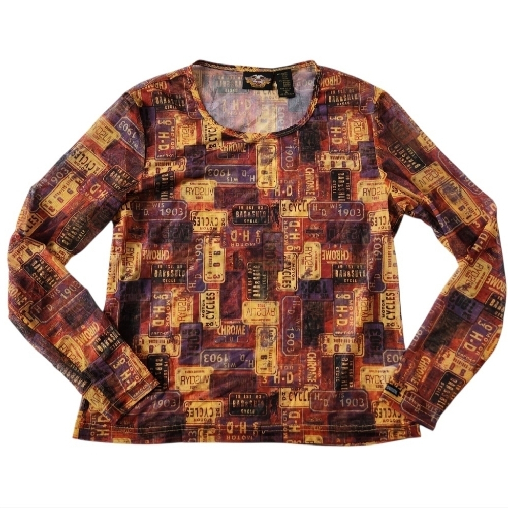 Sheer Mesh AOP Harley Davidson Biker Long Sleeve Printed Top Sz XL